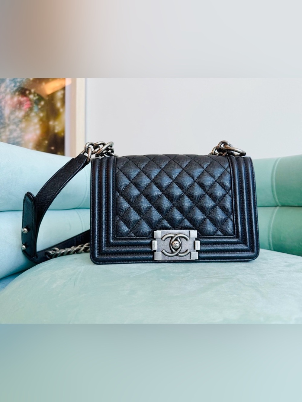 CHANEL Small Le Boy Caviar Leather Flap Shoulder Bag with Silver Hardware